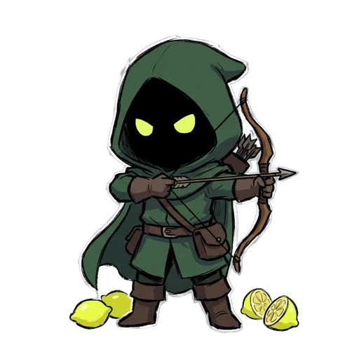A chibi poacher in a green hood, face hidden except two glowing yellow eyes, holding a bow, lemons at his feet